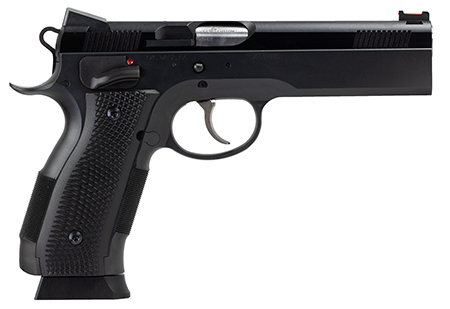 CZ-USA 91731 A01-LD Custom Full Size Frame 9mm Luger 19+1, 4.93" Black Match Grade Bull Steel Barrel, Blued Serrated Steel Slide & Frame w/Beavertail, Black Checkered Grip, Ambidextrous
