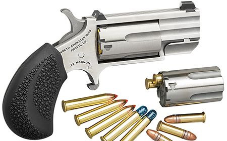 North American Arms PUGDC Pug 22 LR or 22 WMR 5 rd 1" Barrel, Overall Stainless Steel Finish, Black Rubber Grip Includes Cylinder