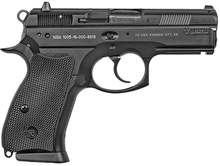 CZ-USA 01199 P-01 *CA Compliant Compact Frame 9mm Luger 10+1, 3.75" Blued Steel Barrel, Black Serrated Steel Slide, Black Polycoat Aluminum Frame w/Beavertail, Black Rubber Grip